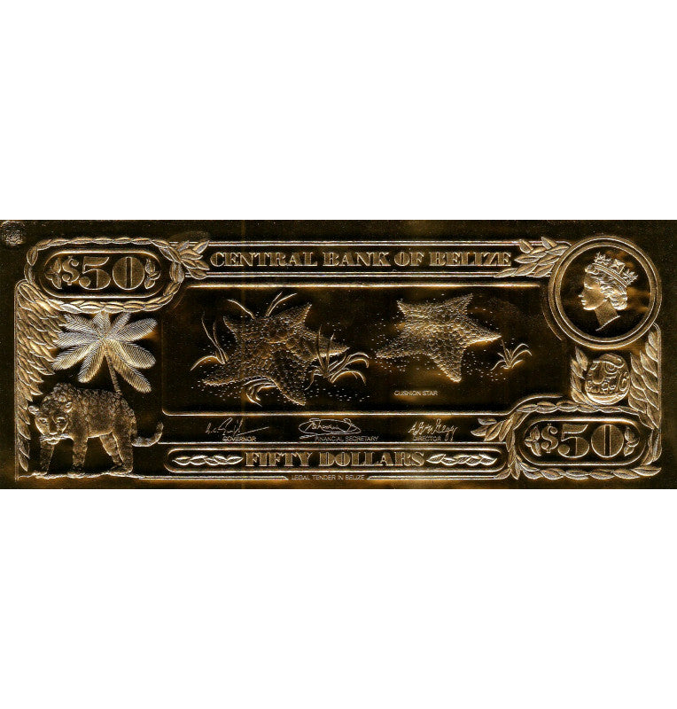 Belice 50 Dólares 1984 ND (Laminados en Oro) Serial 4 dígitos
